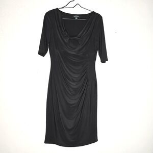 Lauren Ralph Lauren Black Cowl Neck Ruched Sheath Dress Elbow Sleeve Size 10